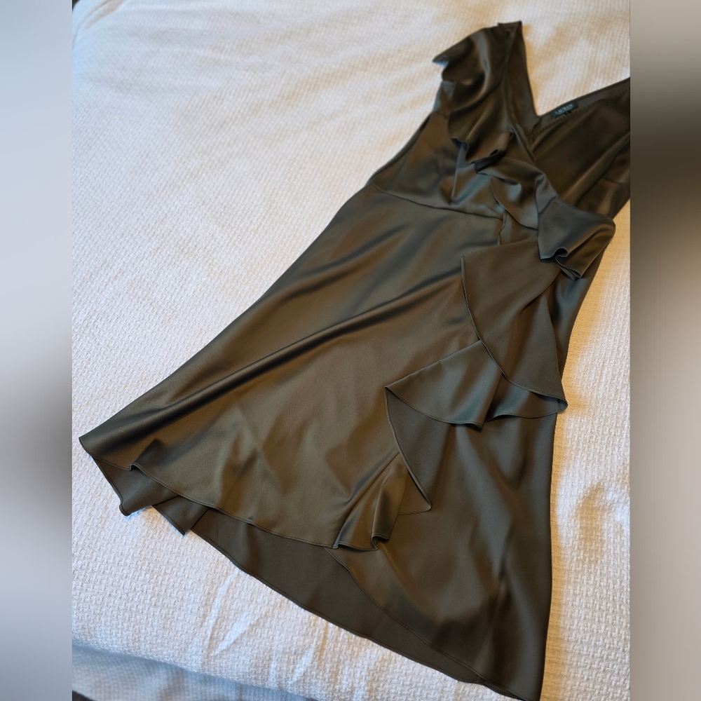 Lauren Ralph Lauren Olive Green Ruffle Midi Dress Size 14 - Picture 5 of 8
